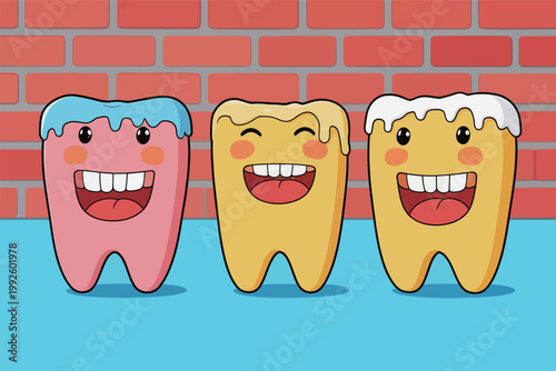 Happy cartoon teeth characters with colorful tops and smiles on a blue surface against a brick wall background