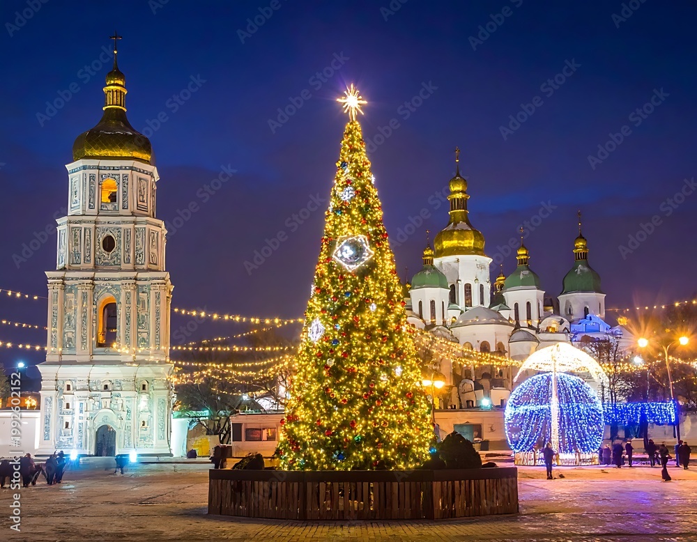 Obraz premium A large Christmas tree in a city square at night