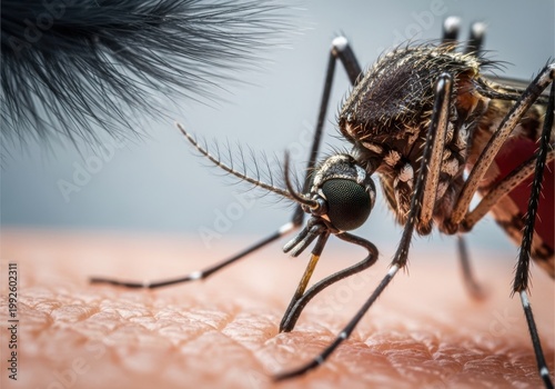 Close-up of black mosquito biting human skin in outdoor sunlight