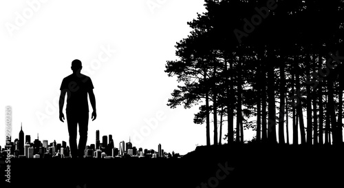 Man standing between city and forest.