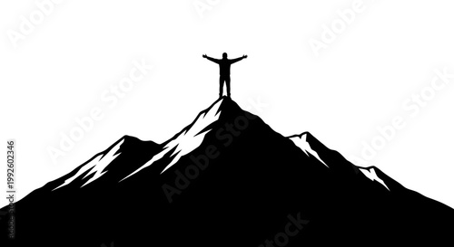 Person standing on mountain peak with arms outstretched in triumph.