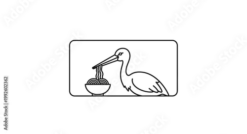 Pelican Eating Noodles with its Beak in Bowl, Minimalist Line Art Logo