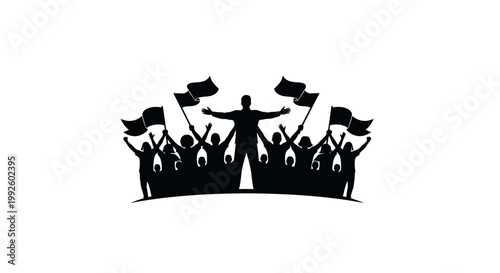 Silhouette of a victorious crowd leader with waving flags.