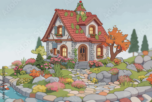 Charming stone house near a stream with trees and flowers in a garden on a bright day