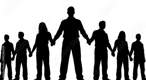 Silhouette of diverse group of people holding hands in unity.