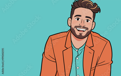 Man wearing orange jacket and light blue shirt smiles with a bright background