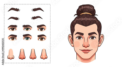 Illustration of facial features and a poised woman with a bun hairstyle in a clean vector style.