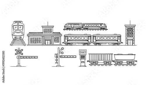 Railroad company outline icons with train station rail transport locomotive tracks and thin line vector set