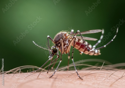 Close-up of malaria mosquito feeding on human skin in natural environment