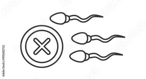 Illustration of blocked sperm cells with a prohibition sign indicating contraception or sterility concept in medical science.