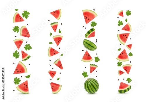 fresh sliced watermelon and cucumber slices with mint leaves on white background