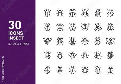 30 editable stroke insect icons set in minimalist purple background design