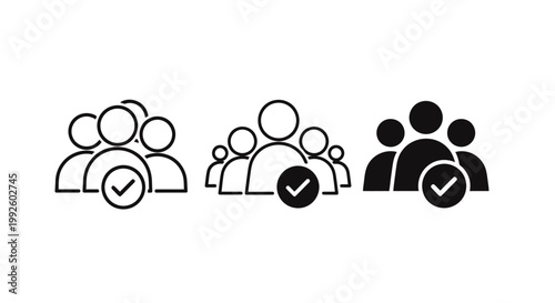 Group of people icons with check marks representing teamwork, collaboration, and approval in a clear vector design.