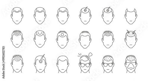 Series of simple line portraits showing multiple head sketches and facial variations.
