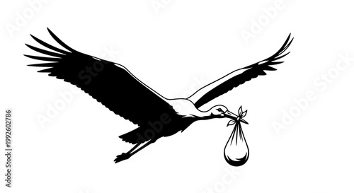 Stork flying with baby bundle.