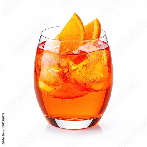 Bright orange cocktail with ice and orange slices in a short glass