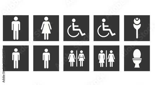 Set of accessibility icons featuring gendered signs, wheelchairs, and universal restroom symbols in a modern pictogram style.