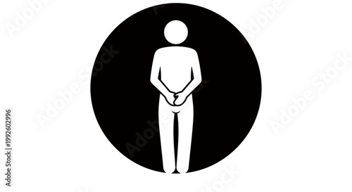 Minimalist silhouette of a standing person with hands clasped in front inside a black circle.