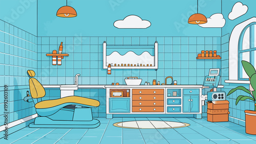 Bright dental office space with blue tiles and yellow chair, showing an organized environment for patients and staff