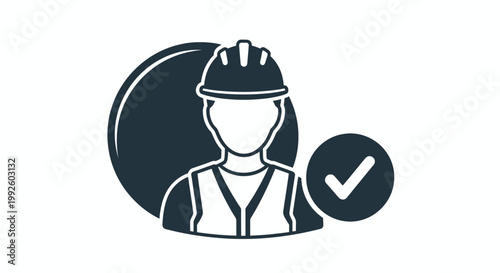 Icon of a construction worker wearing a helmet and safety vest with a check mark.