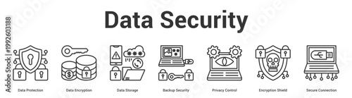 Data Security web banner icon set vector illustration concept for business with icon of Data Protection, Data Encryption, Data Storage, Backup Security, Privacy Control, Encryption Shie.