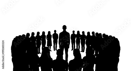 Silhouette of a crowd with a single standing figure.