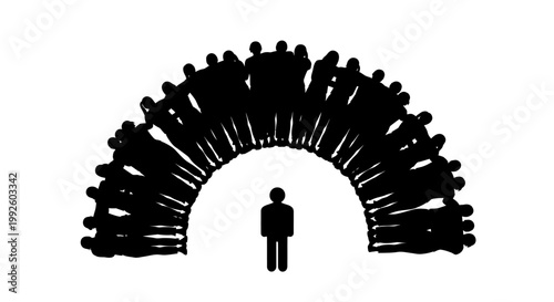 Silhouette of a single person facing a crowd.