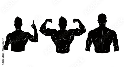 Three Muscular Silhouette Figures Displaying Strong Poses in Fitness Context.