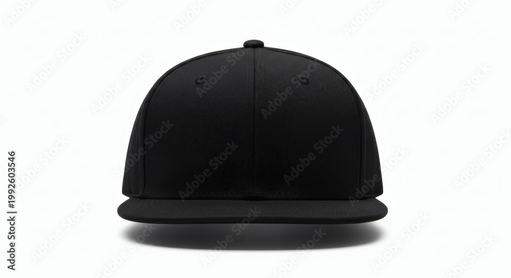 Fototapeta premium Plain Black Snapback Cap Floating on Pure White Background Front View Professional Studio Lighting No Text or Logos Photorealistic High-End Commercial Product Shot
