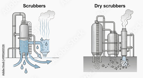Industrial pollution control systems with scrubbers and dry scrubbers in operation