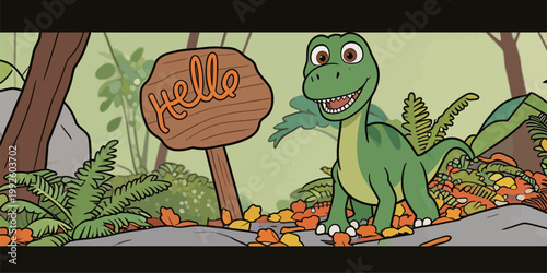 Dinosaur stands near a sign that says hello in a forest scene filled with plants and colorful leaves
