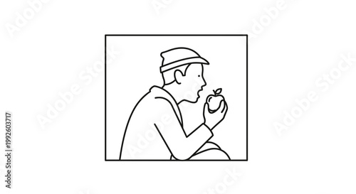 Man in Hat Eating Apple, Simple Line Drawing, Healthy Food Concept