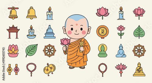 Cute Cartoon Buddhist Monk with Lotus Flower and Religious Symbols