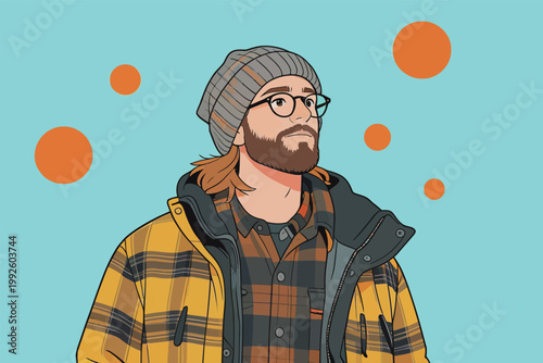 Portrait of a man wearing a beanie and plaid shirt with a yellow jacket against a blue background with colorful circles