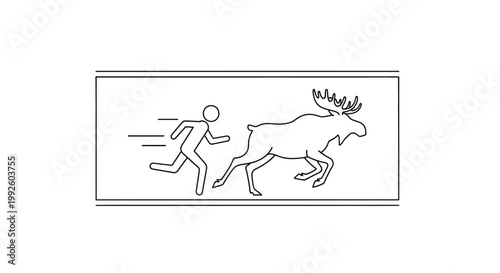 Man running away from a moose, illustration, danger, pursuit, wild animal