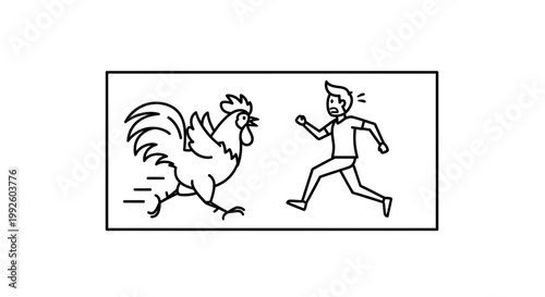Man Running Away From Angry Rooster, Farmyard Chase Scene, Humorous Animal Encounter