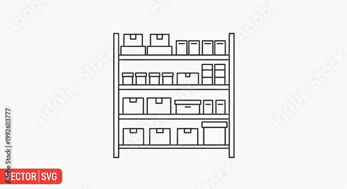 An illustration depicts a large shelving unit filled with various office supplies and boxes in an organized manner indoors.
