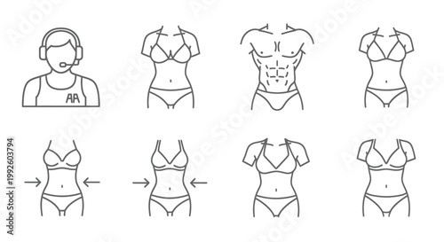 Set of minimalist line drawings showing multiple female torsos in lingerie silhouettes.