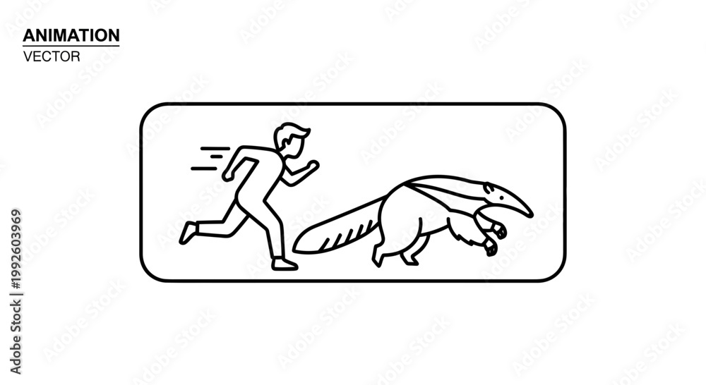Fototapeta premium Man Running From Anteater, Chase Scene, Animation Vector