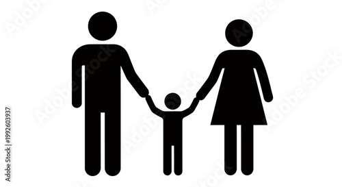 Minimalist family silhouette showing two adults with child holding hands in a simple graphic style.
