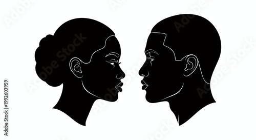 Silhouetted Couple in Profile Facing Each Other in Black and White Illustration.
