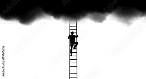 Person climbing ladder through clouds to unknown.