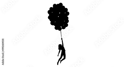 Silhouette of a person floating with balloons.