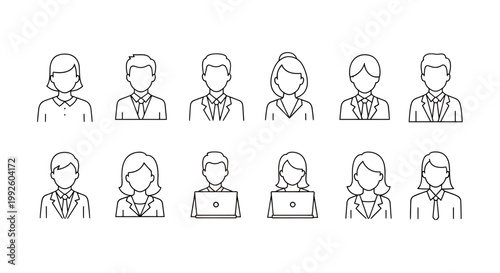 Series of diverse business people represented as line icons for teamwork and collaboration visuals.