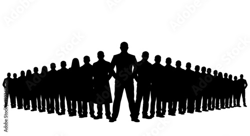 A large group of people silhouettes standing together.