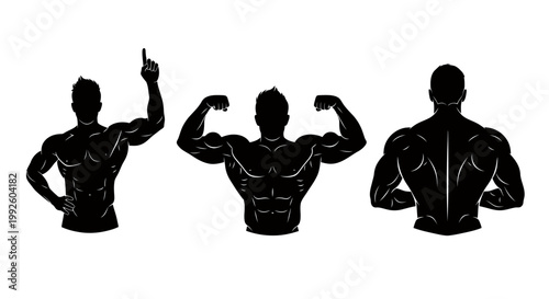 Three Silhouettes of Muscular Men Flexing in Black and White.