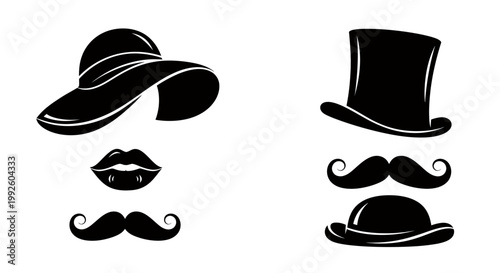 Graphic silhouettes of hats and facial features, vintage style icons with top hat, fedora, mustache and lips in black and white.