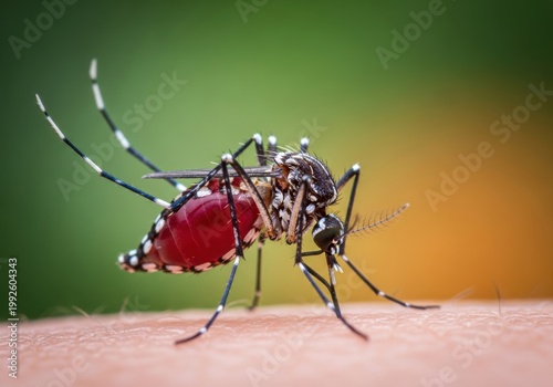 Close-up of red mosquito on skin with warm sunset lighting