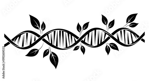 DNA double helix with leafy green elements.