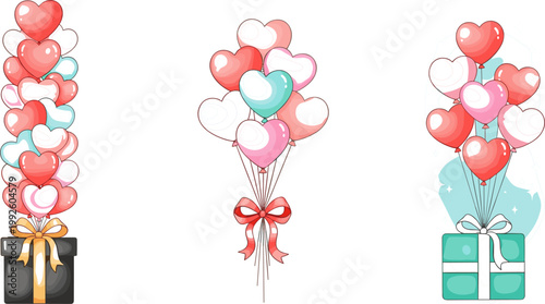 Romantic Valentine Heart Balloon and Gift Box Set with Pink Teal Ribbon Bow for Love Celebration Party Design